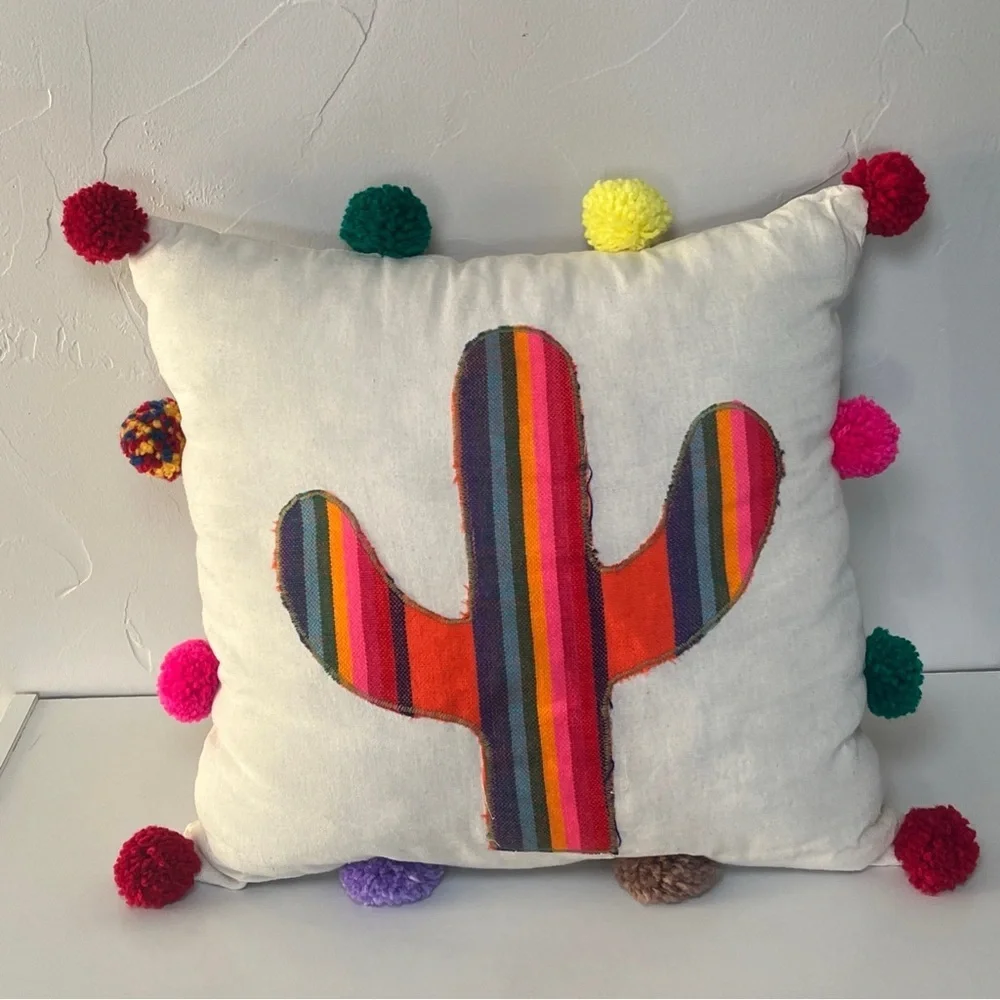 Eclectic Array Vibrant Colorful Cactus Accent Pillow Multicolor Pom-Pom (16x16)